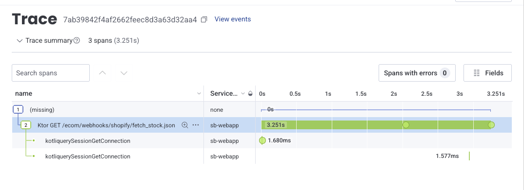 Skjermbilde av HoneyComb som viser en trestruktur med traces og spans hvor API-kallet som førte til den trege spørringen er tydelig navngitt med HTTP-metode og URL